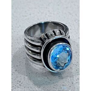 Silpada R0902 Blue Topaz Stone Wide Ribbed Band 925 Sterling Silver Ring Size 6